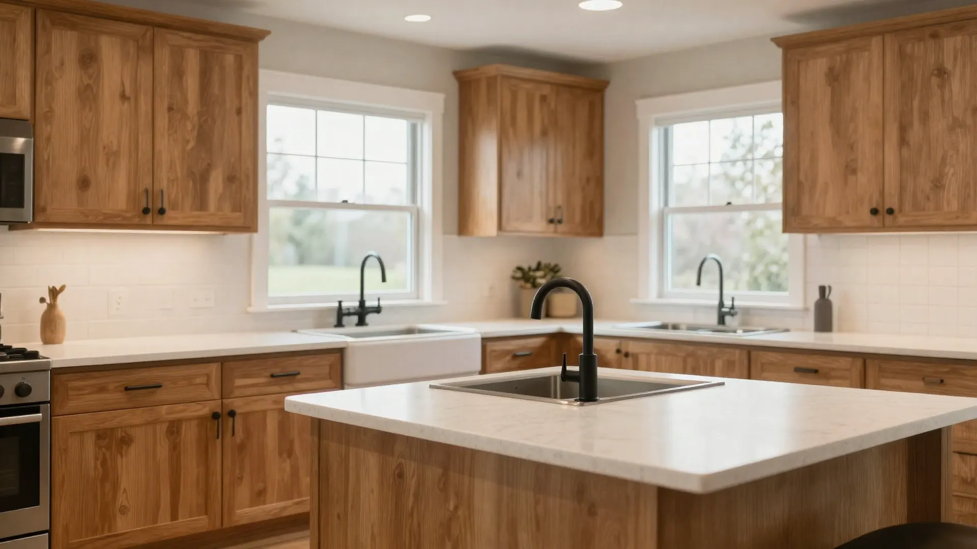 A renovated modern kitchen with warm oak cabinetry and natural light